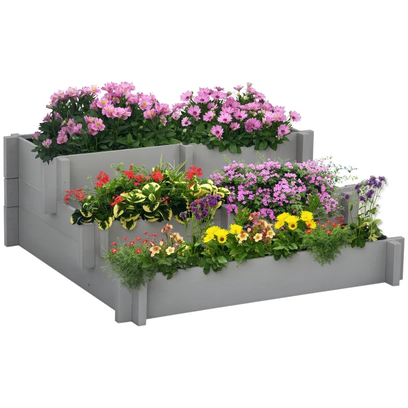 3 Tier Raised Garden Bed, Water Draining Fabric for Soil, Elevated Wood Flower Box for Vegetables, Herbs, Gray