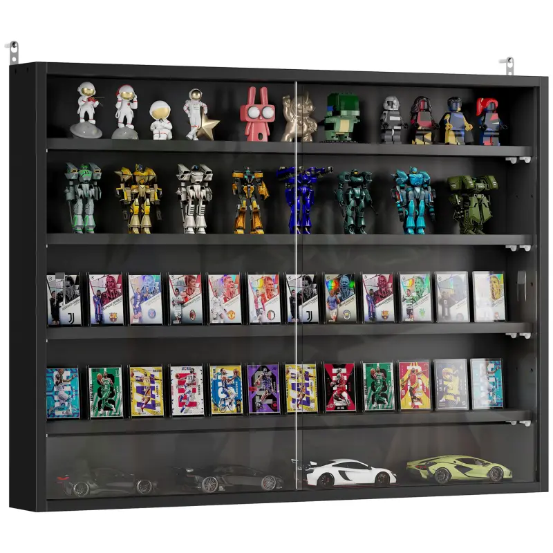 5-Tier Display Cabinet, Wall-Mounted Display Case with 2 Glass Doors and Adjustable Shelves, Jet Black