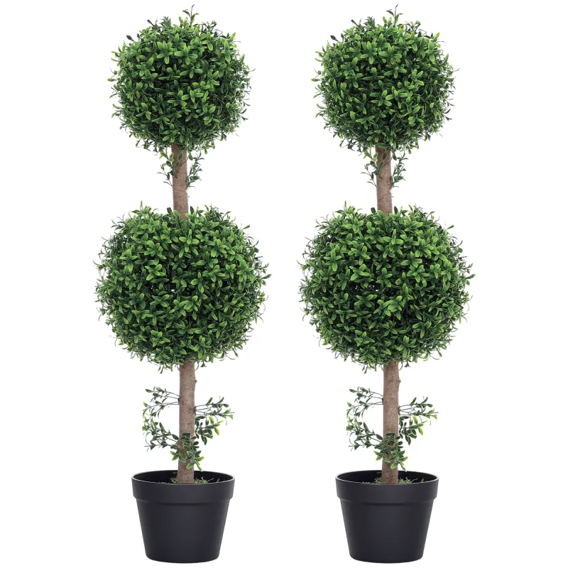 Set of 2 Artificial Ball Boxwood Topiary Trees, Fake Plants in Pot for Indoor Outdoor Living Room Green