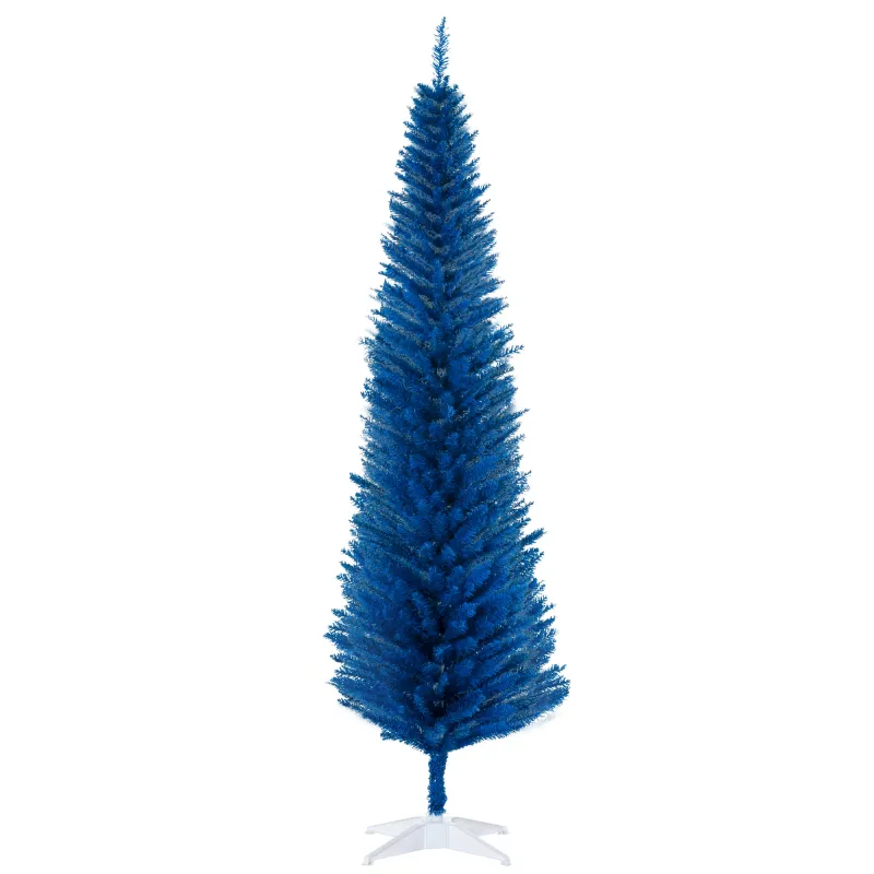 7FT Decorated Christmas Tree, Pencil Christmas Tree with 499 Realistic Branch Tips and Plastic Stand, Blue