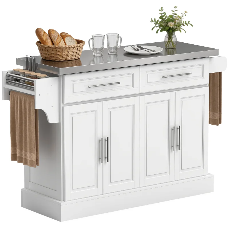 Rolling Kitchen Island Cart with 47" Stainless Steel Top, Portable Island Table for Kitchen with Wheels, White