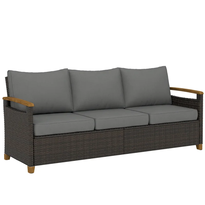 3 Seater Outdoor Couch Sofa, PE Wicker Patio Sofa, Wide Deep Seat, 4" Cushions, Wood-Effect Armrests Legs, Gray