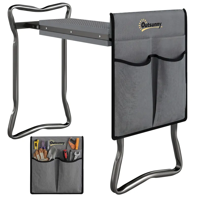 2-In-1 Garden Kneeler and Seat, Heavy Duty Foldable Garden Stool with Soft EVA Pad and Tool Pouch, Gray