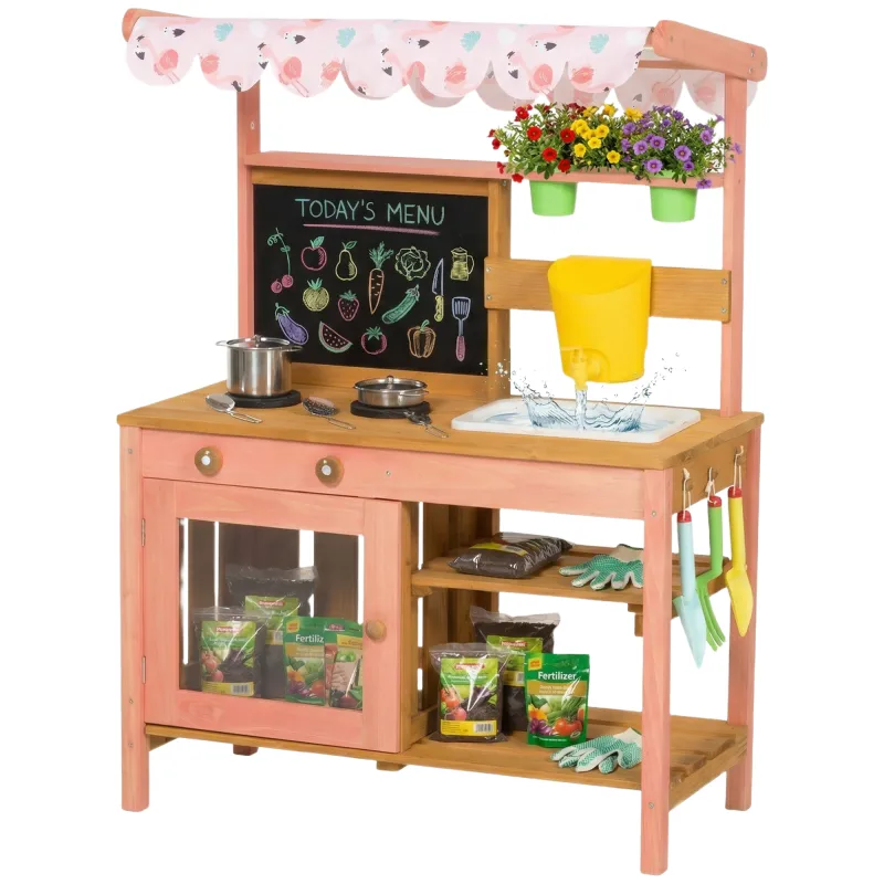 Kids Mud Kitchen with Canopy, Outdoor Wooden Play Kitchen with Planter Box, Accessories for Age 3-6, Pink