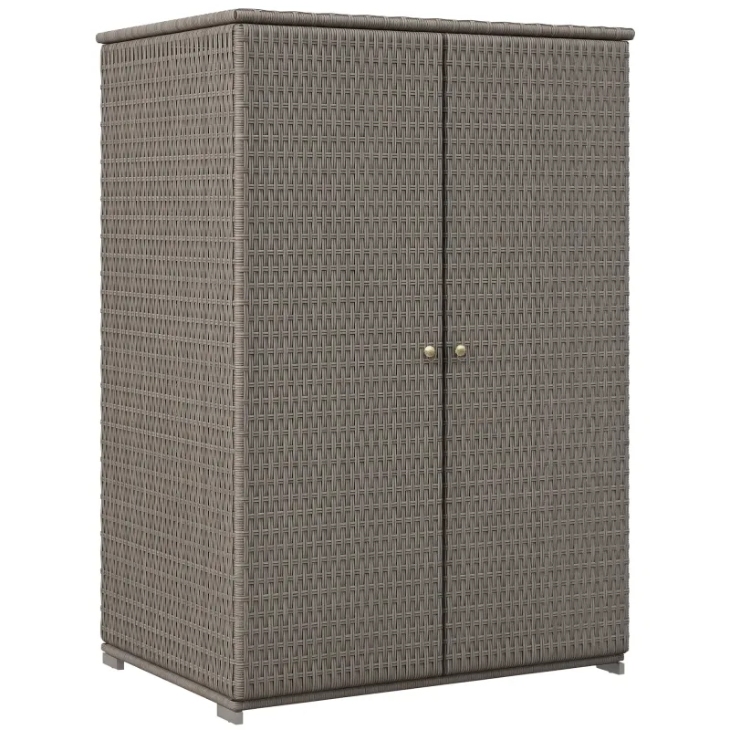 Outdoor Storage Cabinet with Shelves, Rattan Pool Towel Storage Cabinet with Removable Shelf & Drawer, Dark Gray