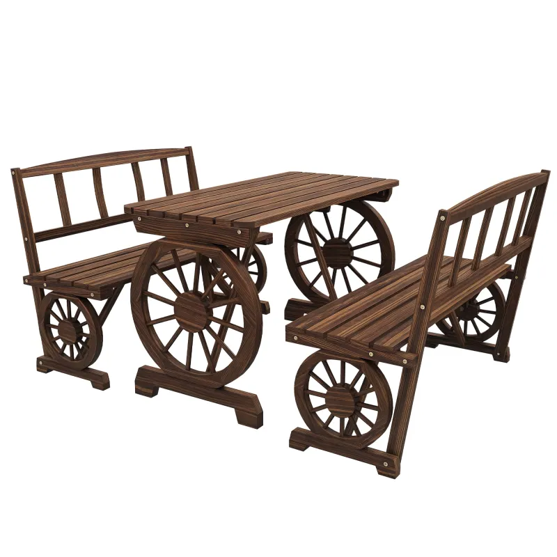 Patio Table and Chairs for 4 People, Wagon Wheel Design, Outdoor Furniture Set for Backyard, Garden, Carbonized