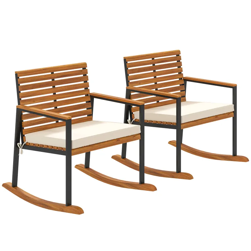 Acacia Wood Outdoor Lawn Rocking Chair Set of 2, Outdoor Patio Rocking Chairs with Armrests, Cushion, Cream White