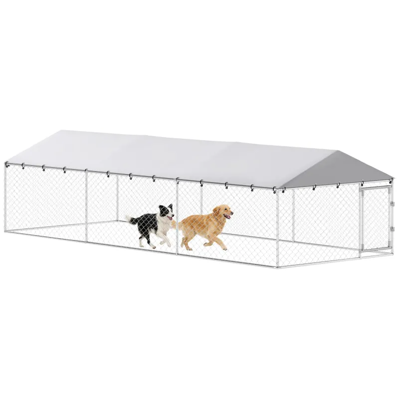 20' x 7.5' x 5' Dog Kennel Outdoor for Large Dogs with Waterproof Roof, Silver