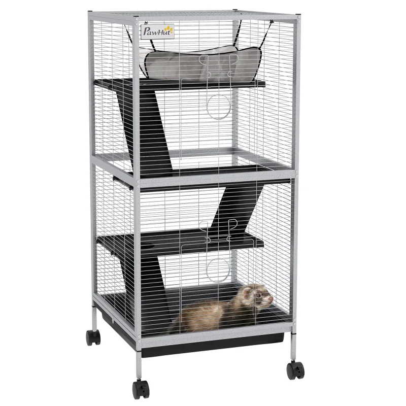 45" H Rolling Small Animal Cage with Hammock, Ferret Cage, Chinchilla Cage, Pet Habitat with 6 Doors, Removable Tray