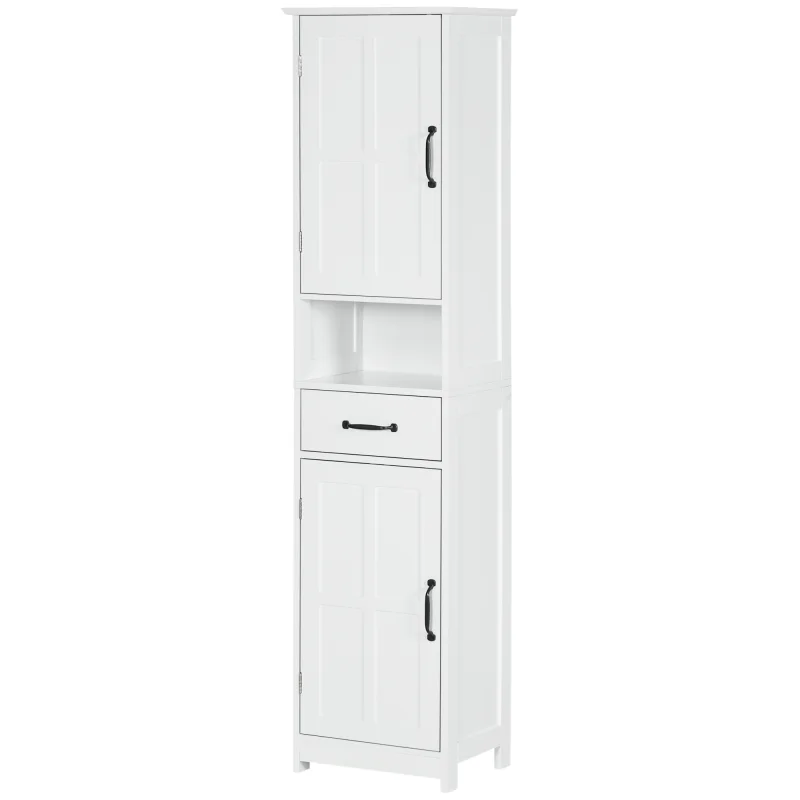 Modern Bathroom Cabinet, Narrow Storage Cabinet with Open Shelf, Drawer, Recessed Doors and Adjustable Shelves, White