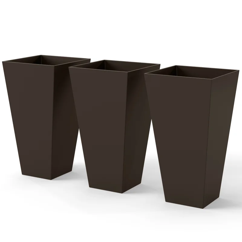 28" Tall Garden Plastic Flower Pot, Set of 3, Large Outdoor & Indoor, Brown