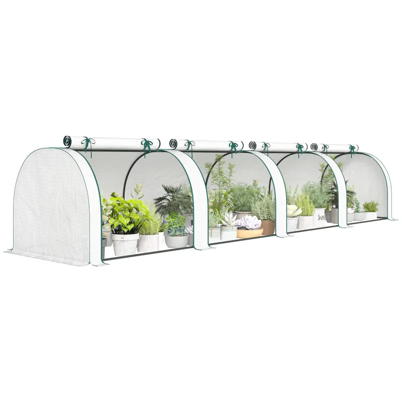 Mini Greenhouse, Portable Greenhouse with 4 Roll-Up Doors, PE Cover, 177.2" x 39.4" x 31.5", White