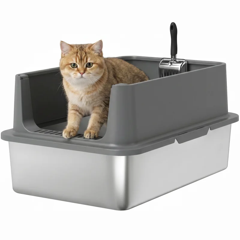 Extra Large Stainless Steel Cat Litter Box with Scoop & Pad, Anti-Urine Leakage, Easy Cleaning, Non-Sticky