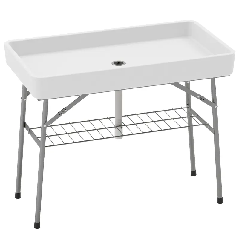 3.4ft Folding Ice Cooler Table with Drain, Fill and Chill Table Outdoor Table Cooler with Storage Shelf, Drink Cooler for Parties Picnic BBQ Camping Wedding, White