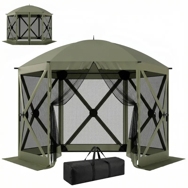10 x 11 ft Pop Up Gazebo Screen Tent, Portable Instant Camping Canopy Screen House with Nettings, Carry Bag, Dark Green