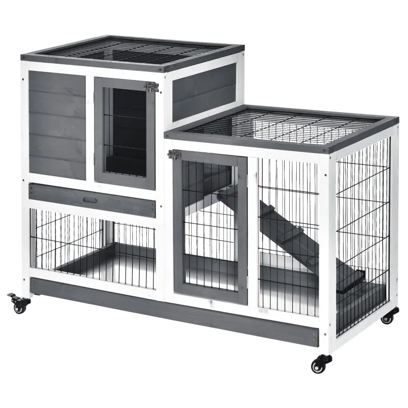 Wooden Rabbit Hutch Elevated Bunny Cage Indoor Small Animal Habitat with Enclosed Run with Wheels, Ramp, Gray
