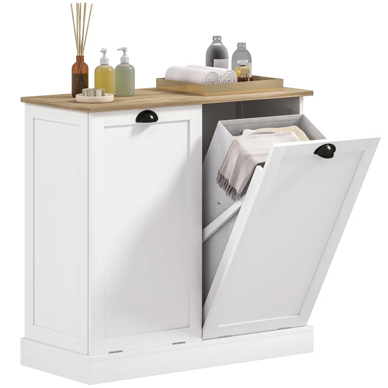 Dual Tilt out Laundry Hamper Cabinet with 2 Removable Basket, Modern Bathroom Storage Cabinet with Shaker Doors and Handles, White