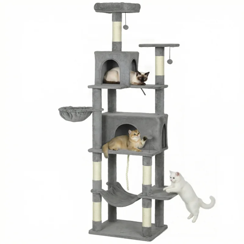 Multi-Level Cat Tower, 80" Tall Cat Tree, with 2 Condos, 2 Hammocks, 6 Sisal Scratching Posts, Dark Gray