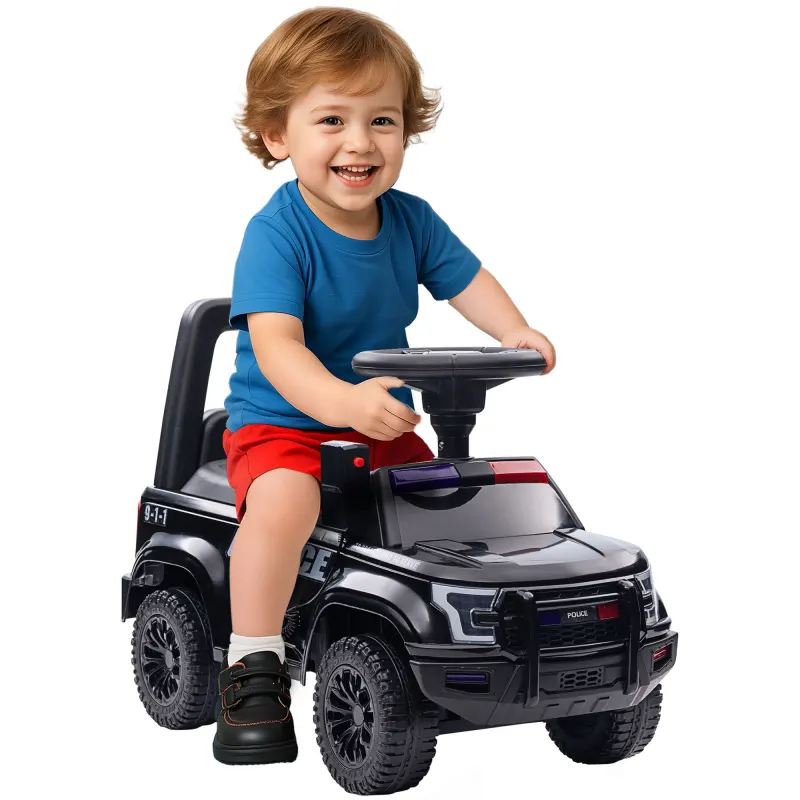 Kids Push Ride On Car with Working PA System and Horn, Police Truck Style Foot-to-Floor Sliding Car, Black