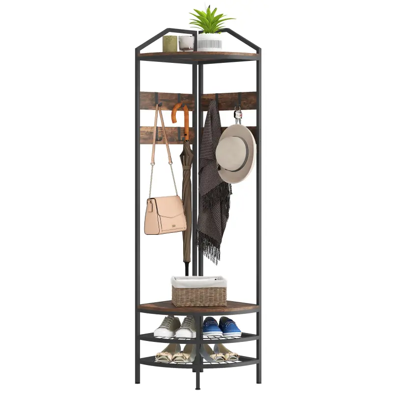 Corner Hall Tree, Industrial 4-Tier Coat Rack with Shoe Storage, 8 Movable Hooks and 2 Shelves for Hallway, Rustic Brown