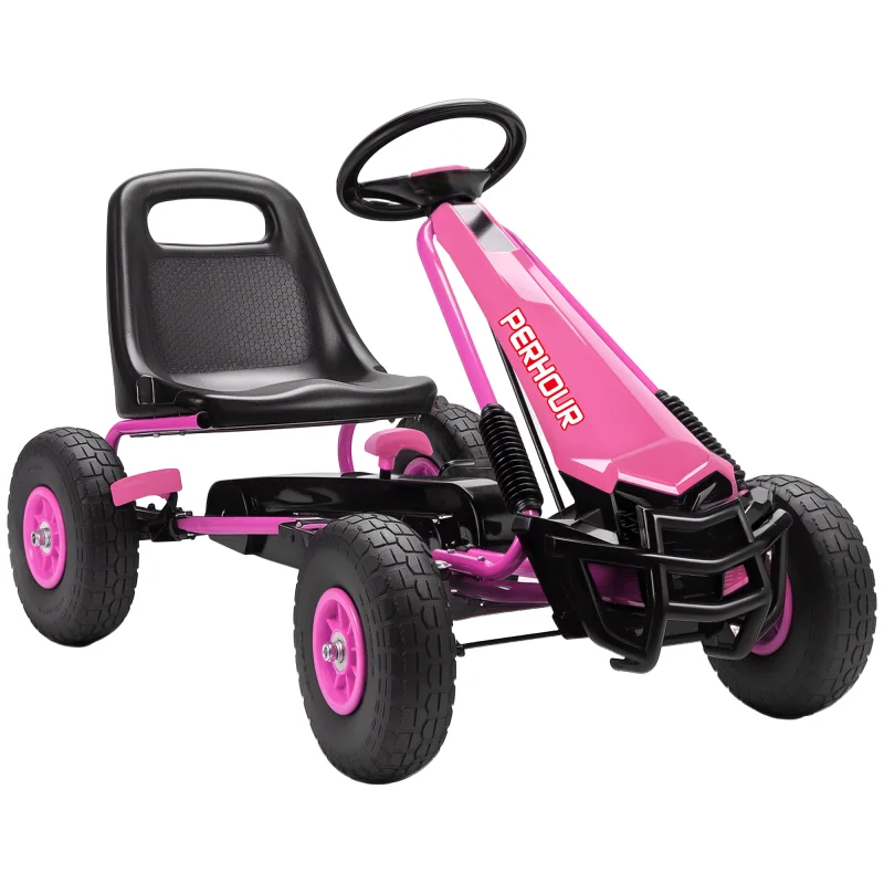 Kids Go Kart, Pedal Car with Adjustable Seat, EVA Wheels, Brake, for Boys & Girls Aged 3-8 Years Old, Pink