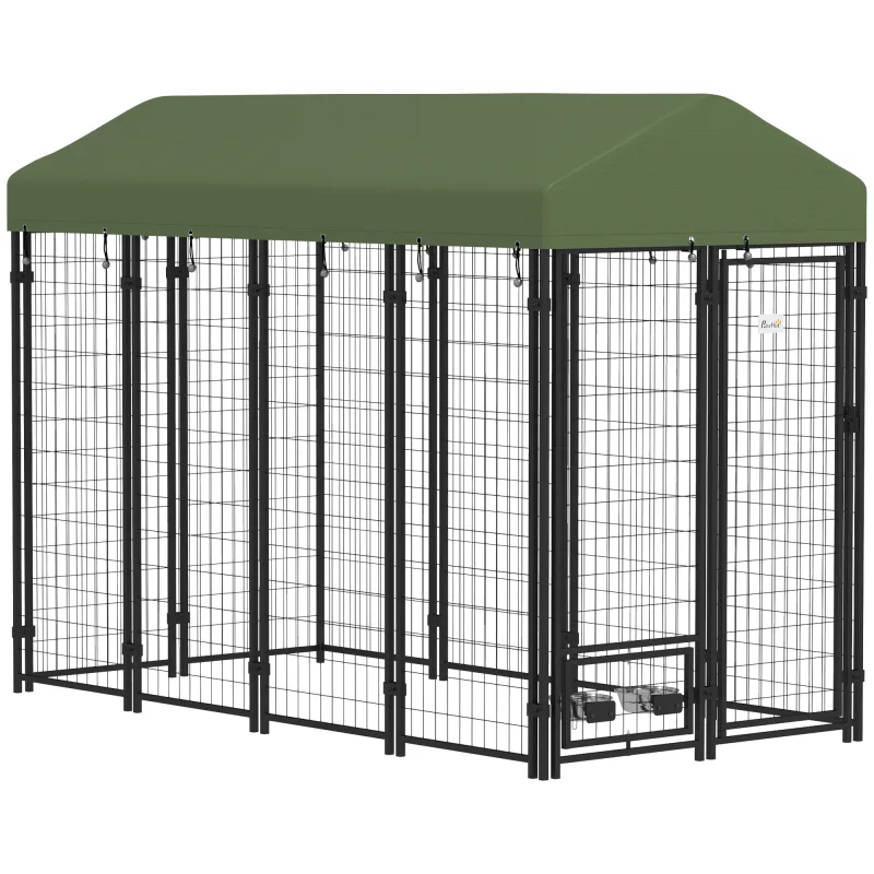 Outdoor Dog Kennel with Rotating Bowl Holders, Pet Playpen with Waterproof Cover, 8' x 4' x 6', Green