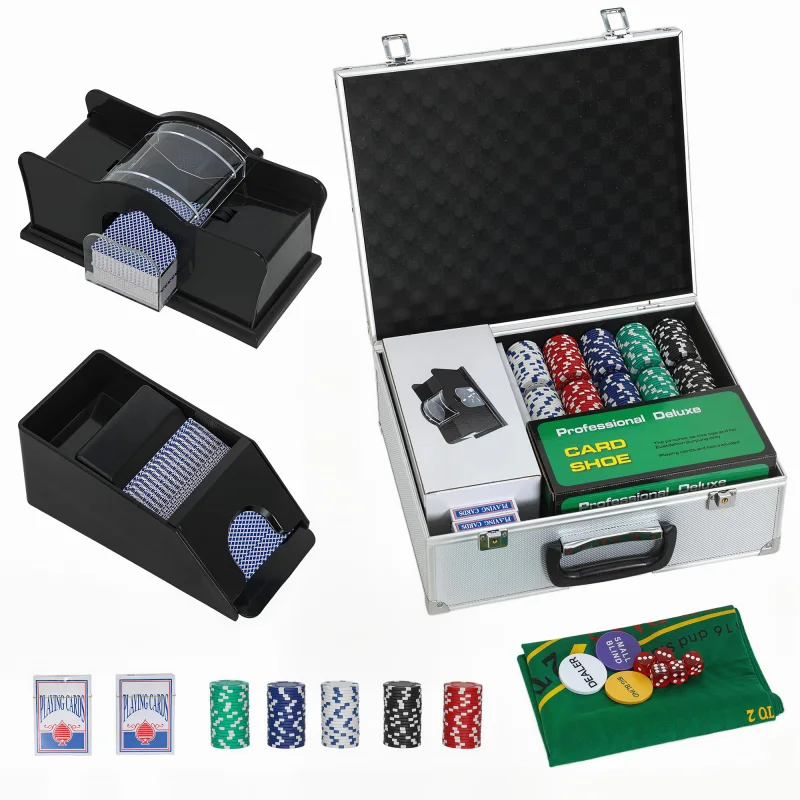 Poker Chip Set with Aluminum Case, Card Shuffler, 300 Chips, 2 Decks of Cards, Dealer Button for Texas Holdem Blackjack