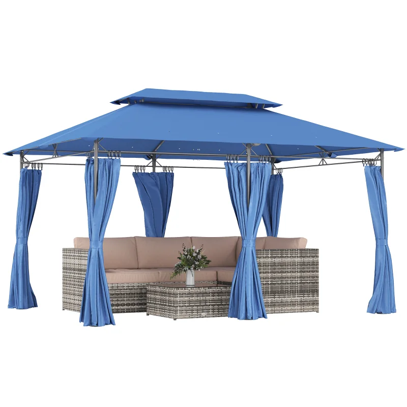 10' x 13' Double Roof Patio Gazebo, Outdoor Gazebo with Curtains, for Garden, Lawn, Backyard and Deck, Dark Blue