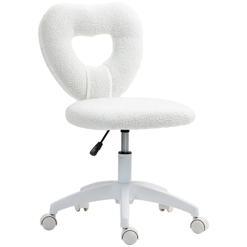 Armless Computer Desk Chair, Office Task Chair, Teddy Fleece Heart Makeup Vanity Chair with Swivel Wheels, White