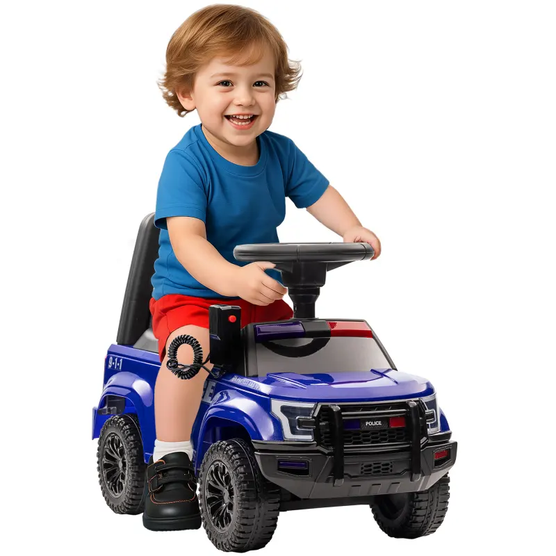 Kids Push Ride On Car with Working PA System and Horn, Police Truck Style Foot-to-Floor Sliding Car, Blue
