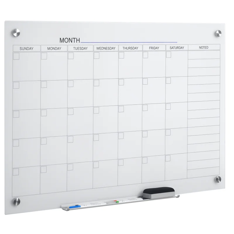 35"x23" Dry Erase Wall Calendar Glass Whiteboard Monthly Planner for Homeschool Supplies & Home Office Organization with 4 Markers and 1 Eraser,Frameless