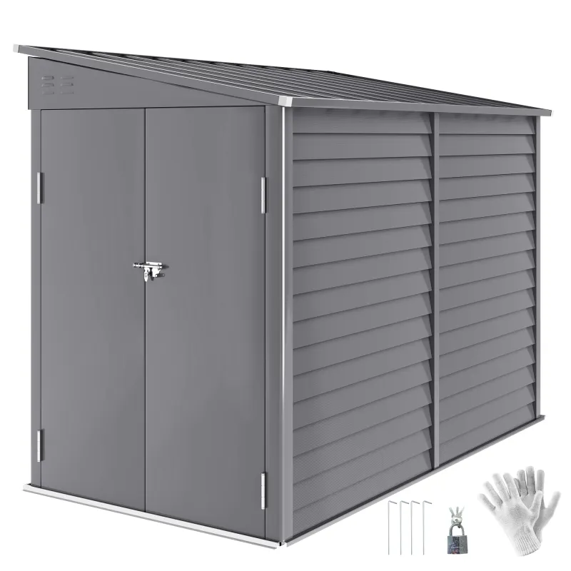 4.6' x 9' Outdoor Storage Shed, Lean to Metal Shed with Foundation Kit, Lockable Doors and Gloves for Patio, Lawn, Gray