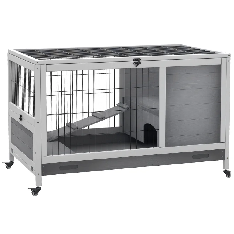 Wooden Indoor Rabbit Hutch Elevated Cage Habitat with Enclosed Run with Wheels - Ideal for Rabbits and Guinea Pigs