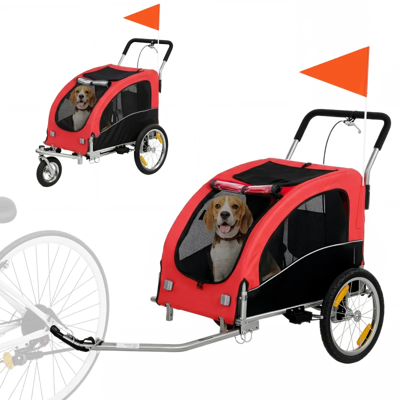 2 in 1 Dog Bike Trailer, Foldable Pet Stroller, Dog Bicycle Trailer with Suspension, for Medium Dogs up to 44 LBS, Red