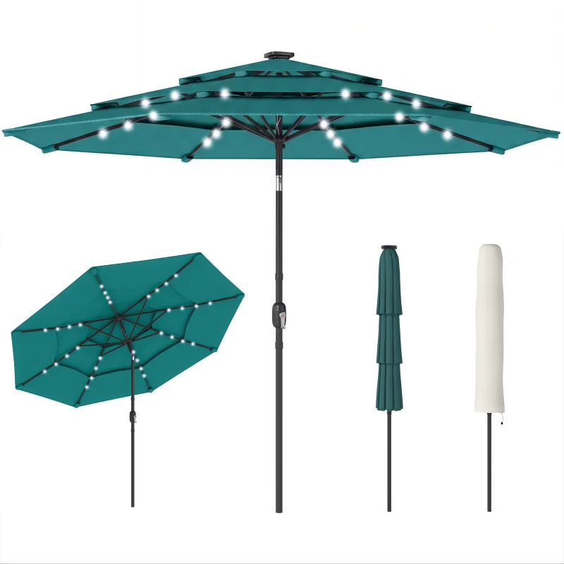 9.7 ft Outdoor Patio Umbrella with Solar LED Lights, 3 Tier Outdoor Table Umbrella with Tilt, Crank, Teal