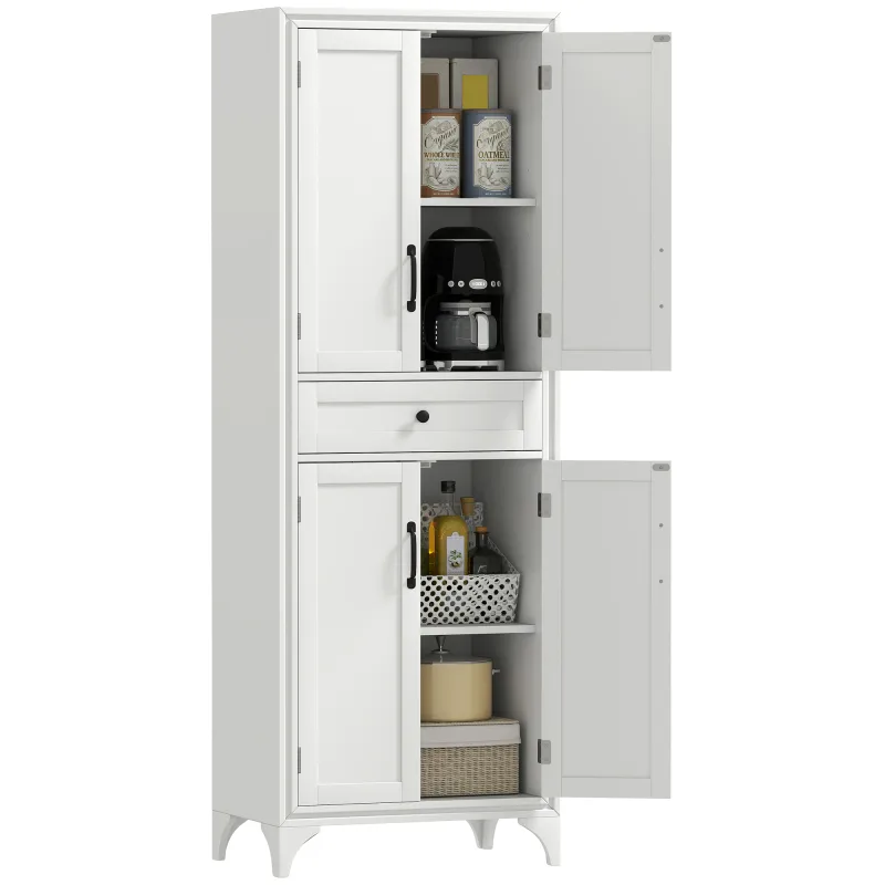 67" 4-Door Kitchen Pantry with Drawer and Adjustable Shelves, White