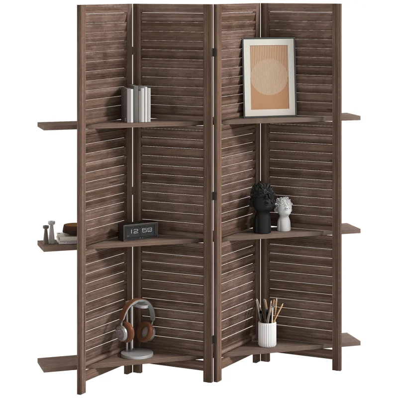 4 Panel 67" Tall Wood Privacy Screen Room Divider with 3 Shelves and Folding Storage for Bedroom, Walnut