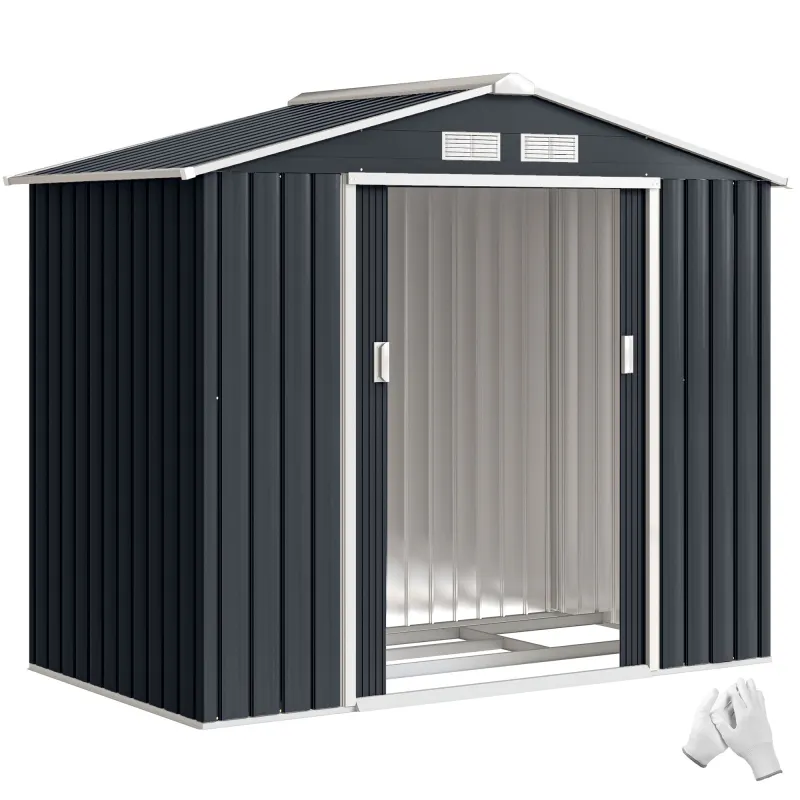 7' x 4' Outdoor Storage Shed, Garden Tool House with Foundation Kit Vents Sliding Doors for Backyard Patio Dark Gray