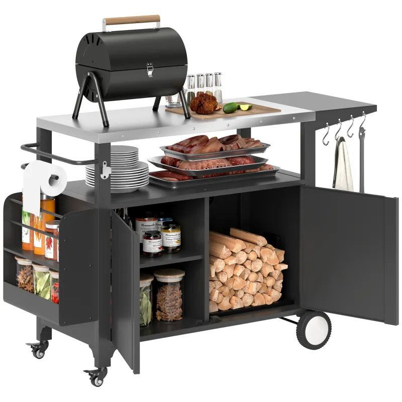 Outdoor Grill Cart Table with Stainless Steel Top, Movable Pizza Oven Table with Foldable Side Table, Wheels
