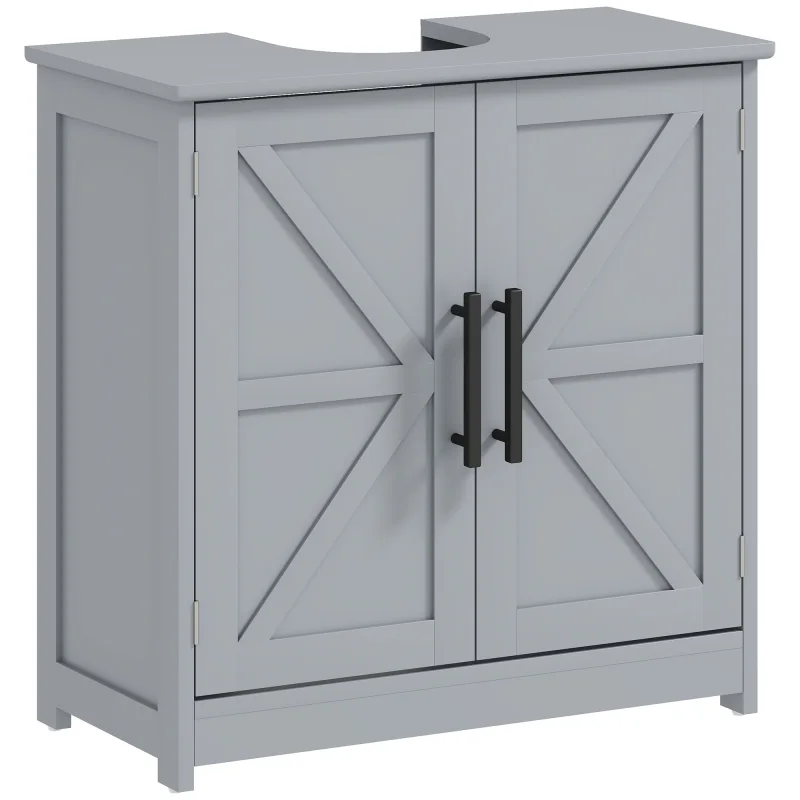 Farmhouse Pedestal Sink Storage Cabinet, Bathroom Sink Cabinet with 2 Barn Doors and Adjustable Shelf, Dark Gray