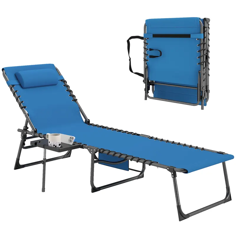 Folding Outdoor Chaise Lounge Chair Tanning Chair with 5-Level Adjustable Back, Side Table, Pillow, Pocket, Blue