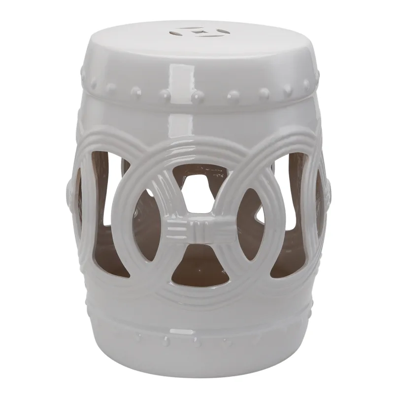14" x 17" Ceramic Garden Stool with Double-Coin Knotted Ring Design & Strong Glazed Material, Decorative Outdoor Stool, Home Collection, White