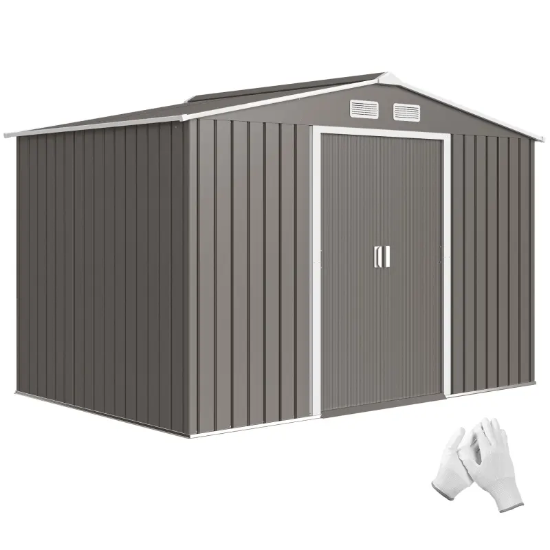 9' x 6' Outdoor Storage Shed, Garden Tool Metal Shed with Foundation Kit, Light Gray