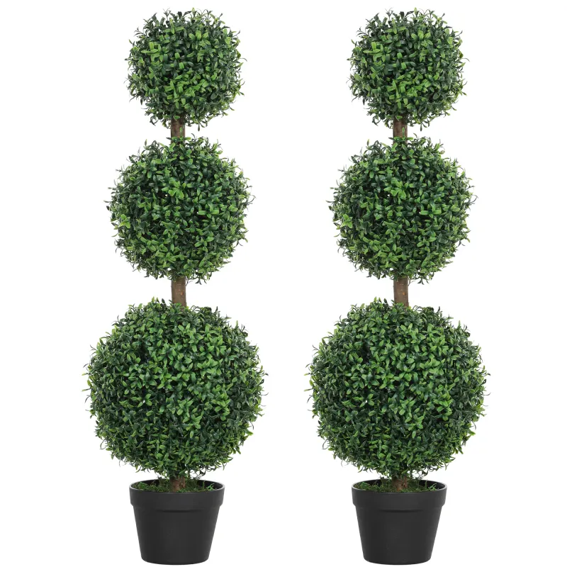 Set of 2 Artificial Ball Boxwood Topiary Trees, Fake Plants in Pot for Indoor Outdoor Living Room Green