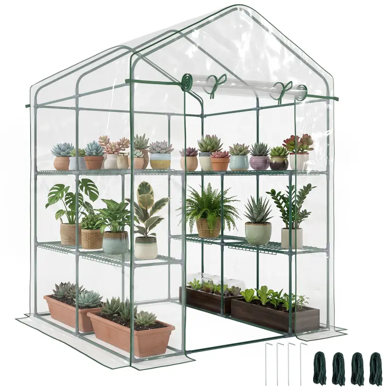 5' x 5' x 6' Mini Walk-in Greenhouse Kit, Portable Green House with 3 Tier Shelves, Roll-Up Door, and Weatherized Plastic Cover for Backyard Garden, Clear