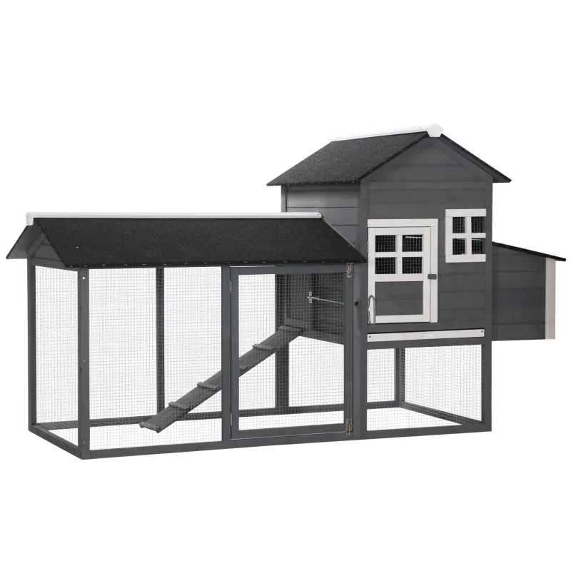 84" Wooden Chicken Coop, Hen House Outdoor with Run Nesting Box, Asphalt Roof, Removable Tray, Ramp, Poultry Cage for 2-3 Chickens, Gray