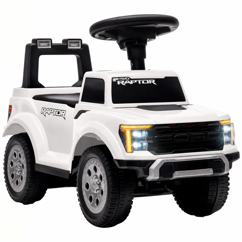 Toddler Car Licensed Ford Raptor with Headlights, Horn, Under Seat Storage, Anti-Tip Design for 18-36 Months, White