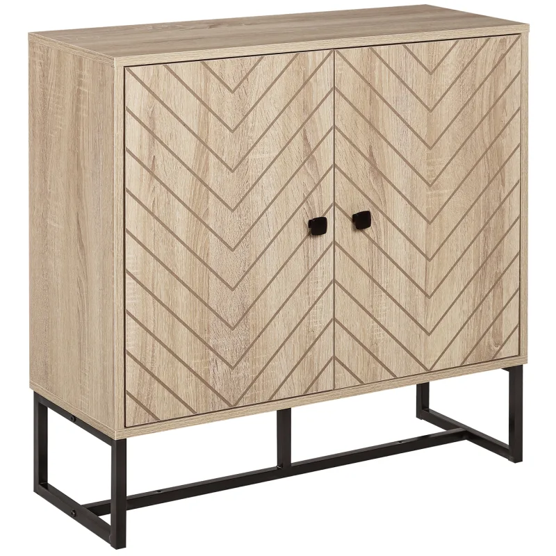 31.5" Buffet Cabinet, Modern Sideboard with Adjustable Shelf, Steel Base and 2 Chevron Doors, Natural Wood