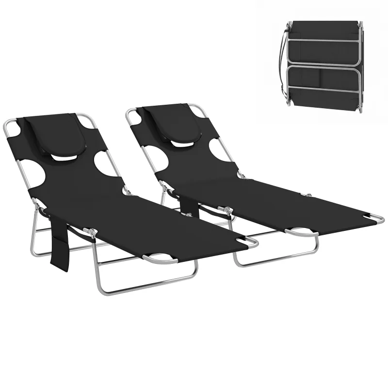 2 Tanning Chairs with Face Hole, 5-Level Adjustable Outdoor Chaise Lounge Chair with Pillow for Beach, Pool, Black