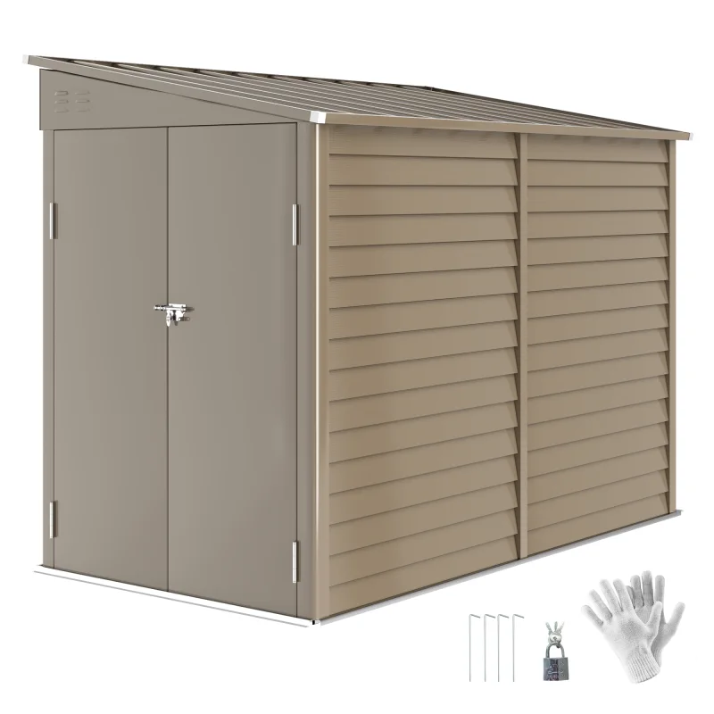 4.6' x 9' Outdoor Storage Shed, Lean to Metal Shed with Foundation Kit, Lockable Doors and Gloves for Patio, Lawn, Brown